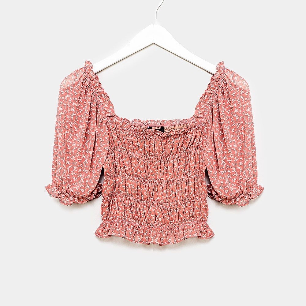 Floral Pink Smocked Women's Top with Puff Sleeves